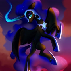 Size: 4093x4093 | Tagged: safe, artist:vensual99, nightmare moon, alicorn, pony, g4, absurd resolution, chest fluff, ethereal mane, female, flying, glowing horn, horn, mare, profile, slit pupils, solo, spread wings, starry mane, wings