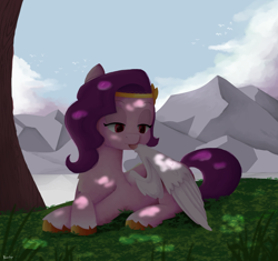 Size: 1700x1600 | Tagged: safe, artist:biocrine, pipp petals, pegasus, pony, g5, adorapipp, chest fluff, cute, female, grass, grooming, lying down, mare, mountain, preening, prone, red eyes, red-eyed pipp, sky, solo, tongue out, tree, unshorn fetlocks, wings
