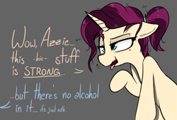 Size: 1430x975 | Tagged: safe, artist:pinkberry, oc, oc only, oc:mulberry merlot, pony, unicorn, drunk, female, freckles, heart, offscreen character, placebo, placebo effect, ponytail, solo, tattoo