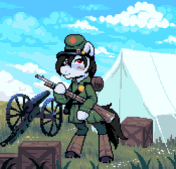 Size: 875x840 | Tagged: safe, artist:hikkage, oc, oc:commissar junior, animated, cannon, civil war, male, pixel art, solo, stallion, war of rights
