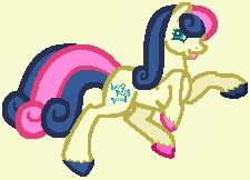 Size: 225x162 | Tagged: safe, artist:diamondbellefan25, artist:mommakip, bon bon, sweetie drops, earth pony, pony, g2, background pony, base used, close-up, female, g4 to g2, generation leap, hooves, mare, open mouth, running, simple background, smiling, underhoof, unshorn fetlocks, yellow background