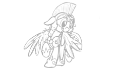 Size: 3840x2160 | Tagged: safe, artist:pirill, guardian angel (g4), pegasus, pony, g4, armor, clothes, female, grooming, guardsmare, high res, mare, monochrome, preening, raised leg, royal guard, simple background, sketch, solo, white background, wip