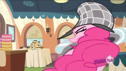Size: 250x141 | Tagged: safe, screencap, pinkie pie, earth pony, pony, g4, mmmystery on the friendship express, season 2, deerstalker, detective, female, great moments in animation, hat, hub logo, magnifying glass, mare, sherlock pie, smear frame