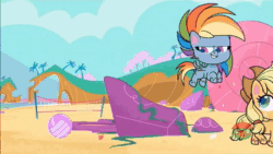 Size: 1918x1080 | Tagged: safe, edit, edited screencap, screencap, applejack, rainbow dash, crab, earth pony, pegasus, pony, g4.5, magical mare-story tour, my little pony: pony life, pony surfin' safari, spoiler:pony life s02e13, abuse, angry, animated, beach, beach volleyball, dashabuse, deflation, female, flying, freckles, mare, ocean, ouch, potion ocean, smiling, smug smile, sound, tail, tail pull, talking, treehouse logo, volleyball net, webm, wings
