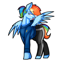Size: 1414x1226 | Tagged: safe, artist:welost, derpibooru exclusive, rainbow dash, pegasus, pony, g4, alternate hairstyle, clothes, female, grooming, hoodie, mare, pants, ponytail, preening, simple background, sketch, solo, sweatpants, tongue out, wings