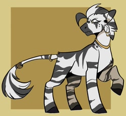 Size: 969x894 | Tagged: safe, artist:rockin_candies, oc, oc only, oc:shauri (amity), pony, zebra, abstract background, female, jewelry, mare, neck rings, quadrupedal, raised hoof, ring, scowl, solo, tail, tail ring, zebra oc, zoomorphic