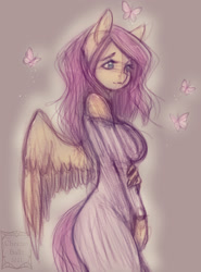 Size: 1324x1792 | Tagged: safe, artist:cheezayballz, fluttershy, butterfly, pegasus, anthro, g4, adorasexy, beautiful, big breasts, breasts, busty fluttershy, clothes, cute, dress, female, rough sketch, sexy, shoulderless, shyabetes, sketch, solo, sparkles, spread wings, wings