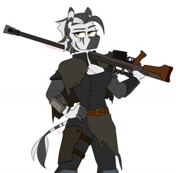 Size: 1173x1161 | Tagged: safe, artist:redxbacon, oc, oc only, oc:shauri (amity), zebra, anthro, anti-materiel rifle, braid, breasts, cleavage, clothes, fallout, fallout: new vegas, female, gun, pgm hecate ii, rifle, simple background, solo, weapon, white background, zebra oc