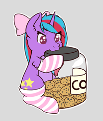 Size: 2145x2505 | Tagged: safe, artist:morrigun, oc, oc only, oc:cosmic spark, pony, unicorn, bow, clothes, commission, cookie, cute, female, food, gray background, high res, horn, jar, simple background, socks, striped socks, ych result