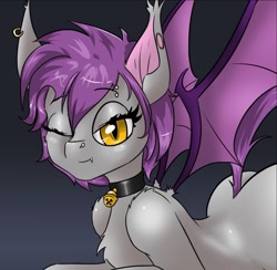 Size: 1055x1030 | Tagged: safe, artist:colliflour, oc, oc only, oc:colli, bat pony, pony, bat pony oc, bat wings, butt, cat eyes, collar, female, looking at you, mare, one eye closed, piercing, plot, slit pupils, solo, wings, wink, winking at you