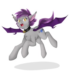 Size: 970x1048 | Tagged: safe, artist:colliflour, oc, oc only, oc:colli, bat pony, bat pony oc, bat wings, collar, cutie mark, female, flying, gliding, happy, looking at you, mare, piercing, wings