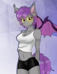 Size: 810x1052 | Tagged: artist needed, safe, oc, oc only, oc:colli, bat pony, anthro, bat pony oc, bat wings, clothes, ear piercing, eyebrow piercing, female, glowing eyes, grey fur, happy, piercing, purple mane, purple tail, shorts, slit pupils, smiling, solo, tank top, tight shorts, wings, yellow eyes