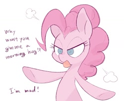 Size: 1681x1371 | Tagged: safe, artist:noupu, pinkie pie, earth pony, pony, g4, angry, bronybait, cute, female, hug request, madorable, mare, simple background, solo, white background