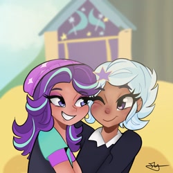 Size: 2048x2048 | Tagged: safe, artist:rapunzelights, starlight glimmer, trixie, human, g4, alternate hairstyle, beanie, bust, clothes, dark skin, eyelashes, female, grin, hat, high res, humanized, lesbian, ship:startrix, shipping, signature, smiling