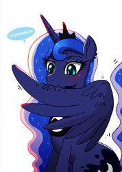 Size: 2152x3025 | Tagged: safe, artist:tsudashie, princess luna, alicorn, pony, g4, blushing, cute, female, freckles, grooming, high res, horn, jewelry, lunabetes, mare, nom, preening, simple background, sitting, solo, white background, wings
