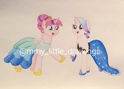 Size: 1080x775 | Tagged: safe, artist:mmy_little_drawings, oc, oc only, pony, unicorn, :d, clothes, dress, duo, female, hoof shoes, horn, mare, obtrusive watermark, open mouth, traditional art, unicorn oc, watermark