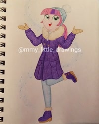 Size: 1011x1264 | Tagged: safe, artist:mmy_little_drawings, oc, oc only, equestria girls, g4, :d, beanie, clothes, coat, eyelashes, female, hat, obtrusive watermark, shoes, smiling, solo, traditional art, watermark