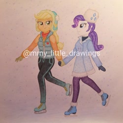 Size: 1022x1022 | Tagged: safe, artist:mmy_little_drawings, applejack, rarity, equestria girls, equestria girls series, g4, holidays unwrapped, spoiler:eqg series (season 2), clothes, coat, eyelashes, female, freckles, gloves, hat, holding hands, ice skating, lesbian, obtrusive watermark, pants, ship:rarijack, shipping, smiling, traditional art, watermark