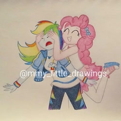 Size: 1065x1065 | Tagged: safe, artist:mmy_little_drawings, pinkie pie, rainbow dash, equestria girls, equestria girls series, g4, bow, clothes, d:, eyelashes, female, grin, hair bow, jacket, lesbian, obtrusive watermark, open mouth, pants, ship:pinkiedash, shipping, shoes, smiling, traditional art, watermark
