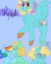 Size: 540x675 | Tagged: safe, artist:cocolove2176, rainbow dash, zephyr breeze, oc, pegasus, pony, g4, :o, blue background, blushing, bust, chest fluff, embarrassed, eyes closed, female, male, offspring, open mouth, parent:rainbow dash, parent:zephyr breeze, parents:zephdash, pegasus oc, raised hoof, ship:zephdash, shipping, simple background, smiling, stallion, straight, two toned wings, wings