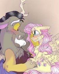 Size: 540x676 | Tagged: safe, artist:cocolove2176, discord, fluttershy, draconequus, pegasus, pony, g4, abstract background, blushing, colored hooves, crying, female, looking at each other, male, mare, ship:discoshy, shipping, straight, wings