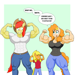 Size: 2960x2943 | Tagged: safe, artist:matchstickman, applejack, bright mac, pear butter, earth pony, anthro, g4, abs, armpits, biceps, breasts, bright mac's hat, busty pear butter, clothes, dialogue, eyes closed, father and child, father and daughter, female, filly, filly applejack, flexing, green background, grin, high res, jeans, male, mare, matchstickman's pear buffer series, might mac, mother and child, mother and daughter, muscles, muscular female, muscular male, nervous, nervous smile, pants, pear buffer, pecs, ship:brightbutter, shipping, shirt, simple background, smiling, speech bubble, stallion, straight, thighs, thunder thighs, vein, younger