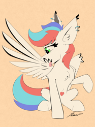 Size: 2511x3349 | Tagged: safe, artist:pedalspony, oc, oc only, oc:pedals, pegasus, pony, belly, concave belly, ear piercing, female, grooming, high res, licking, piercing, preening, sitting, slender, solo, tail, thin, tongue out, tongue piercing, trans female, transgender, wings