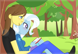 Size: 1920x1345 | Tagged: safe, artist:grapefruit-face, trixie, oc, oc:grapefruit face, equestria girls, g4, base used, blushing, book, canon x oc, clothes, duo, female, grapexie, male, outdoors, reading, shipping, show accurate, sitting, straight