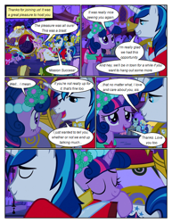 Size: 612x792 | Tagged: safe, artist:newbiespud, edit, edited screencap, screencap, bruce mane, caesar, coco crusoe, count caesar, eclair créme, jangles, lemon hearts, lyra heartstrings, merry may, minuette, oakey doke, princess cadance, royal ribbon, shining armor, twilight sparkle, welch, alicorn, pony, unicorn, comic:friendship is dragons, a canterlot wedding, g4, season 2, bowing, clothes, comic, dialogue, dress, eyelashes, eyes closed, female, floral head wreath, flower, flying, horn, male, mare, open mouth, outdoors, screencap comic, smiling, stallion, unicorn twilight, wings