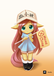 Size: 1000x1407 | Tagged: safe, artist:howxu, fluttershy, anthro, g4, anime, cells at work, chinese, clothes, cosplay, costume, cute, daaaaaaaaaaaw, engrish, female, floppy ears, hnnng, howxu is trying to murder us, looking at you, platelets, shyabetes, solo, weapons-grade cute