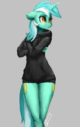 Size: 1706x2700 | Tagged: safe, artist:raphaeldavid, lyra heartstrings, unicorn, anthro, both cutie marks, clothes, crossed arms, dig the swell hoodie, female, gray background, high res, hoodie, simple background, solo, thighs