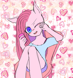 Size: 2673x2839 | Tagged: safe, artist:yukiyume_b, pinkie pie, anthro, g4, abstract background, blushing, cellphone, clothes, cute, diapinkes, female, hand, heart, high res, one eye closed, open mouth, phone, pinkamena diane pie, sitting, smartphone, solo, wink