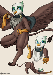 Size: 2480x3508 | Tagged: safe, artist:nire, greta, griffon, anthro, g4, behaving like a cat, chest fluff, clothes, eating, female, high res, scarf, scone, sexy, solo, spread wings, stretching, stupid sexy greta, wings