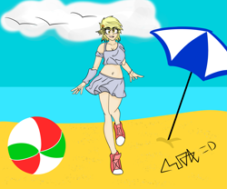 Size: 4133x3444 | Tagged: safe, artist:max rider, derpy hooves, equestria girls, g4, anime style, beach, beach clothes, digital art, female, happy, human coloration, manga style, red shoes, smiling, solo