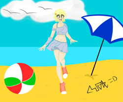 Size: 4133x3444 | Tagged: safe, artist:max rider, derpy hooves, equestria girls, g4, anime style, beach, beach clothes, digital art, female, happy, human coloration, manga style, ocean, red shoes, smiling, solo, water, without lineart