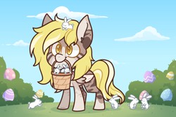 Size: 3000x2000 | Tagged: safe, artist:jetjetj, part of a set, oc, oc only, oc:vanilla starlight, pegasus, pony, rabbit, animal, basket, chibi, commission, female, high res, mare, mouth hold, solo, two toned wings, wings, ych result