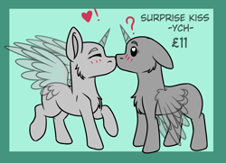 Size: 1232x893 | Tagged: safe, artist:rokosmith26, pony, advertisement, blushing, chest fluff, commission, duo, floppy ears, simple background, your character here