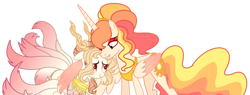 Size: 1280x488 | Tagged: safe, artist:princess-kitsune-tsu, princess celestia, oc, oc:solana, hybrid, pony, g4, alternate design, base used, female, hug, interspecies offspring, mother and child, mother and daughter, offspring, parent:discord, parent:princess celestia, parents:dislestia, simple background, transparent background, winghug, wings