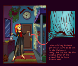 Size: 1280x1073 | Tagged: safe, artist:titantigress, sunset shimmer, equestria girls, g4, clothes, costume, face mask, halloween, halloween costume, mask, micro, shrunk, sunset's apartment, vampire shimmer