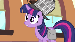 Size: 993x556 | Tagged: safe, screencap, twilight sparkle, pony, unicorn, g4, mmmystery on the friendship express, bag, deerstalker, detective, female, hat, mare, saddle bag, sherlock sparkle, unicorn twilight