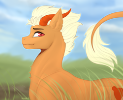 Size: 3200x2600 | Tagged: safe, artist:huskii-s, derpibooru exclusive, oc, oc only, oc:orobas, dracony, dragon, hybrid, field, grass, grass field, high res, horns, leonine tail, looking at you, male, solo, stallion