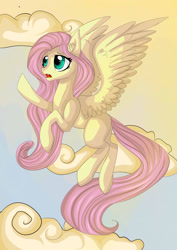 Size: 2059x2912 | Tagged: safe, artist:spidolot, fluttershy, pegasus, pony, g4, cloud, flying, high res, missing cutie mark, sky background, solo