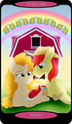 Size: 1500x2591 | Tagged: safe, artist:sixes&sevens, part of a set, big macintosh, bright mac, pear butter, earth pony, pony, g4, baby, baby macintosh, baby pony, barn, cider mug, female, lying down, male, minor arcana, mug, rainbow, ship:brightbutter, shipping, straight, tarot card, ten of cups, trio, younger