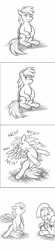 Size: 720x3284 | Tagged: safe, artist:texasuberalles, applejack, rainbow dash, earth pony, pegasus, pony, g4, 4 panel comic, 4koma, angry, comic, cowboy hat, cross-popping veins, duo, female, grayscale, grooming, hat, laughing, mare, monochrome, onomatopoeia, preening, simple background, underhoof, white background