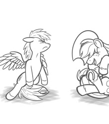 Size: 720x818 | Tagged: safe, artist:texasuberalles, part of a set, applejack, rainbow dash, earth pony, pegasus, pony, g4, angry, cowboy hat, duo, female, grayscale, grooming, hat, laughing, mare, monochrome, preening, simple background, underhoof, white background