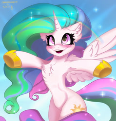 Size: 1875x1971 | Tagged: safe, artist:cottonaime, artist:falafeljake, princess celestia, alicorn, pony, g4, armpits, bipedal, blushing, chest fluff, cute, cutelestia, ear fluff, female, heart eyes, horn, incoming hug, missing accessory, open mouth, rainbow, smiling, solo, sparkles, wingding eyes, wings