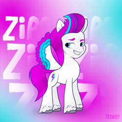 Size: 1000x1000 | Tagged: safe, artist:tierwidy, zipp storm, pegasus, pony, g5, colored wings, female, hoof fluff, mare, multicolored wings, smiling, solo, spread wings, text, unshorn fetlocks, wings