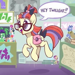 Size: 2048x2048 | Tagged: safe, artist:pfeffaroo, moondancer, pony, unicorn, g4, adorkable, bag, bow, convention, cute, dancerbetes, dork, excited, female, figurine, glasses, hair bow, high res, indoors, map, mare, meganekko, midair, open mouth, pfeffaroo is trying to murder us, plushie, pronking, saddle bag, solo, speech bubble, tail bow, text, three quarter view, weapons-grade cute