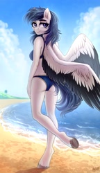 Size: 2363x4096 | Tagged: safe, alternate version, artist:hakaina, oc, oc only, oc:sapphire bloom, pegasus, anthro, unguligrade anthro, ass, beach, bikini, butt, clothes, female, lidded eyes, looking at you, looking back, looking back at you, smiling, solo, spread wings, swimsuit, two toned wings, underhoof, wings