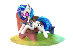Size: 3850x2620 | Tagged: safe, artist:singovih, dj pon-3, vinyl scratch, pony, unicorn, g4, bench, chupa chups, cutie mark, female, glasses, grass, headphones, high res, hooves, horn, journal, looking at you, lying down, mare, simple background, solo